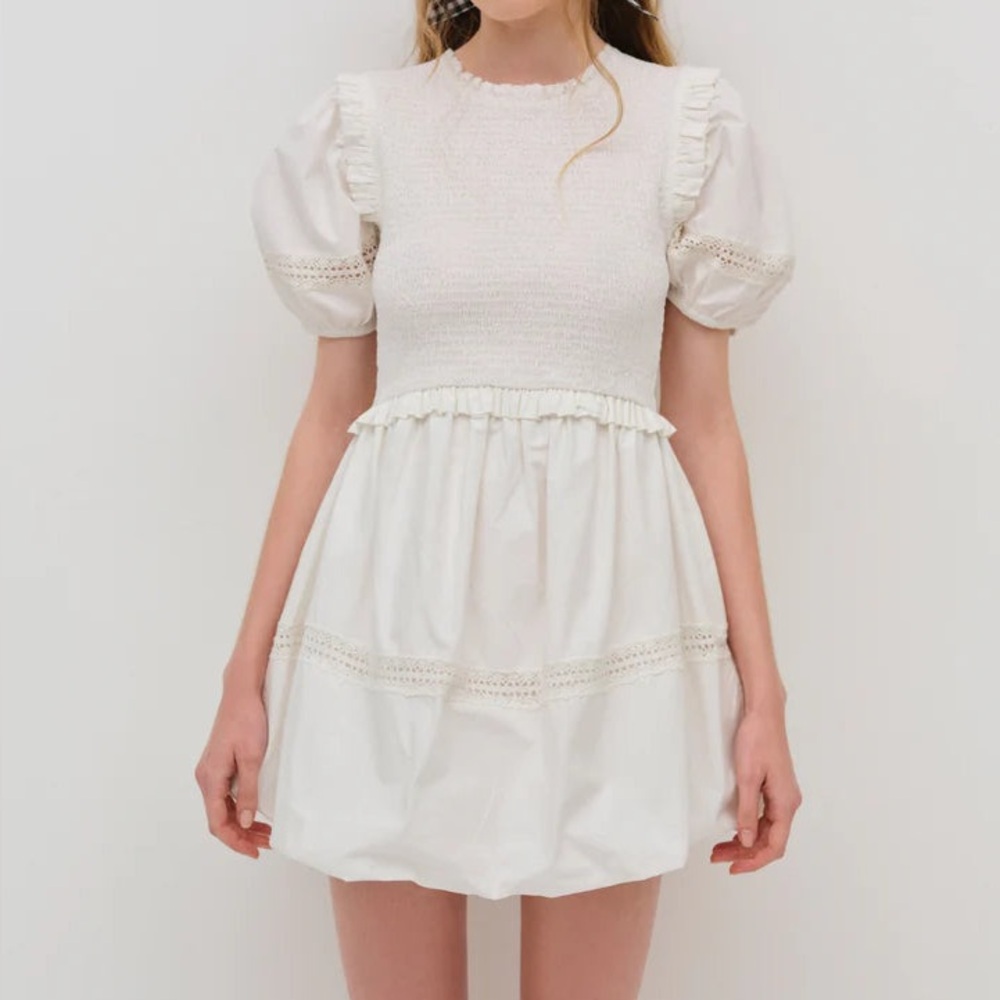 $249 NWT White For Love And Lemons “Sandy” Puff Sleeve Mini Dress Sz Medium